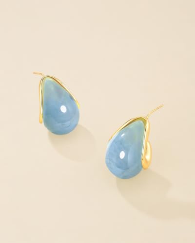 SNGIA Oval C Shape Chunky Dangle 18K Gold Plated Hoops with Colored Resin Gemstone Statement Earrings for Women by SNGIA, (Green, Brown, Blue, Pink, White, Cream), Long Bold Drop Handmade Exaggerated Irregular Trendy Bohemian Jewelry Gifts, Unique Danglin
