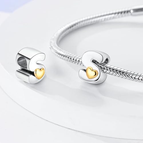Two-Tone Gold Heart S925 Silver Letter Charm Fits Pandora Bracelet Necklace | Initial Bead Two-Tone Gold Heart, DIY European Bracelet Accessory, Gift for Ladies Birthday Anniversary Valentine - style: S
