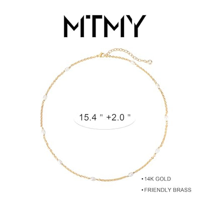MTMY Beaded Necklaces for Women 14K Gold Plated Dainty Colorful Green/Rose Beaded Pearl Choker Necklace Delicate Boho Choker Necklace Jewelry Gift - style: Oval pearl