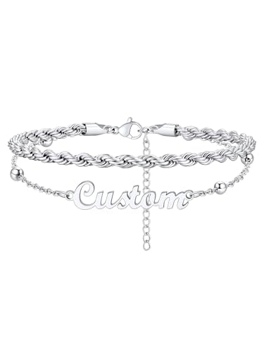 Custom4U Custom Name Anklet Bracelets for Women Waterproof Beaded/Figaro/Cuban/Rope/Wheat Chain Anklet Stackable Gold Plated Non Tarnish Custom Beach Gift Barefoot Summer Jewelry for Her - color: E02-Silver Rope Chain