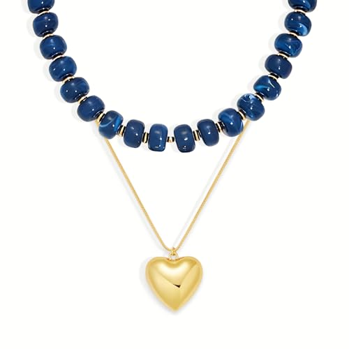 YUJIE Chunky Heart Pendant Necklace for Women- Exaggerated Statement Puff Heart Necklace with Acrylic Beaded Chain - color: B-NAVY BLUE