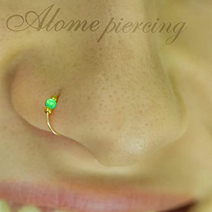 925 Sterling Silver & 14K Gold Filled Nose Ring Hoop Handmade Piercing Jewelry For Women - 24 Gauge 2mm,7mm Tiny Nose Ring with Opal - Gift Ready - color: Green Opal Gold