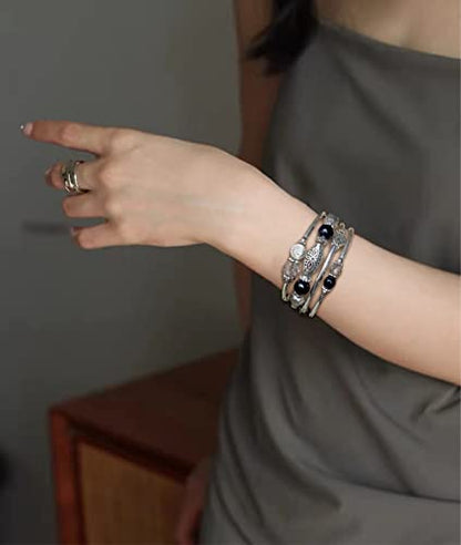 FULU AUTUMN Stackable Beaded Bracelets for Women Boho Wrap Silver Bracelet Layered Fashion Jewelry Gifts for Her - color: Black grey