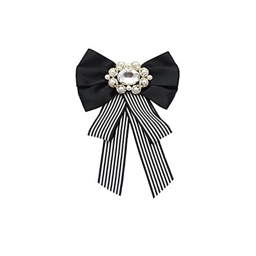 Fashion Ribbon Bow Tie Brooch Pins for Women Girls Crystal Pearl Uniform Pre-Tied Bowknot Corsage Party Ceremony Accessories - color: 0020-black
