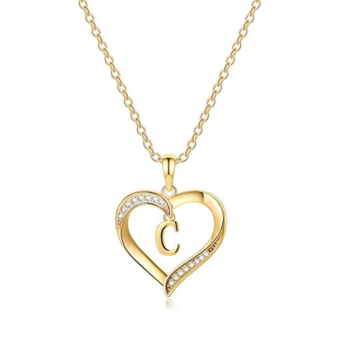 Yesteel Heart Initial Necklaces for Women, 14K Gold Plated Cubic Zirconia Heart Pendant Necklace, Dainty Initial Charm Necklace Letter A to Z Jewelry for Women Girls - style: C