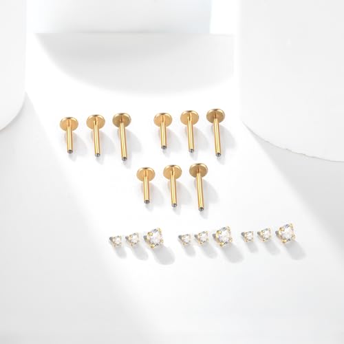 Xpircn Flat Back Stud Earrings 14K Gold Plated Internally Threaded CZ Stud Piercing Jewelry for Tragus Helix Cartilage Conch Nose Hypoallergenic Lip Labret Medusa Piercing 16G 18G - color: 16 Gauge, Gold, size: Mixed (8/10/12mm) Bar