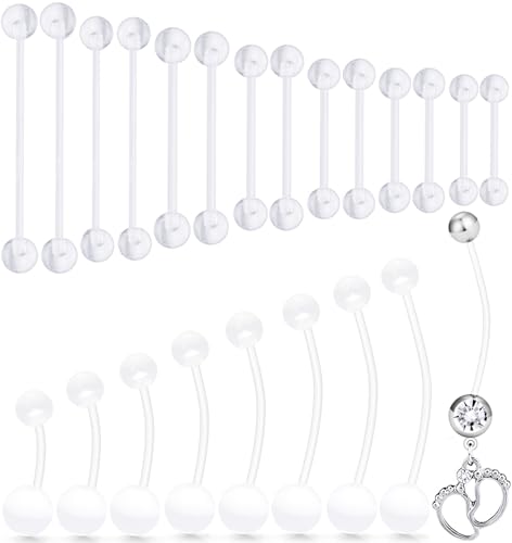 6mm-38mm 14G 16G Clear Plastic Nipple Tongue Ring Industrial Earrings for Surgery Pregnancy Belly Button Ring Bioflex Flexible Acrylic Straight Barbells Piercing Jewelry Retainer for Work Sport - color: 14G Bar Length 14mm-38mm-Mix Style