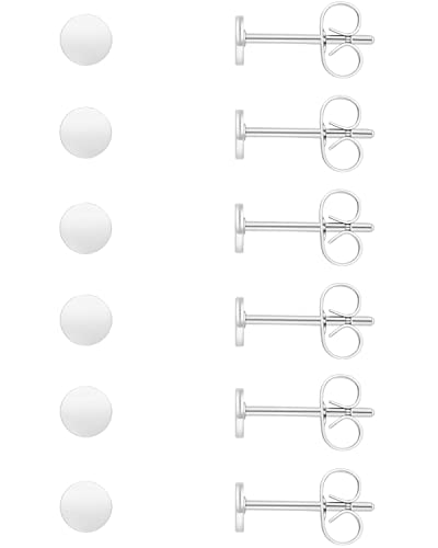 Unisex 6 Pairs Dot Stud Earrings, Surgical Steel Gold Plated Black Tiny Flat Disc Stud Earrings for Women Men - color: Silver-3mm