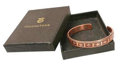 Touchstone magnetic copper bracelets for men women in gift box, engraved | 100% pure solid real adjustable bangle bracelet cuff jewelry; 12X ultra strength with 3500 gauss neodymium magnets; - style: Textured Geometric