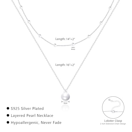 OGD Gold Pearl Necklace Set for Women 14K Plated Layered Daisy Choker Gift - color: Silver Pearl Necklace-2PCS