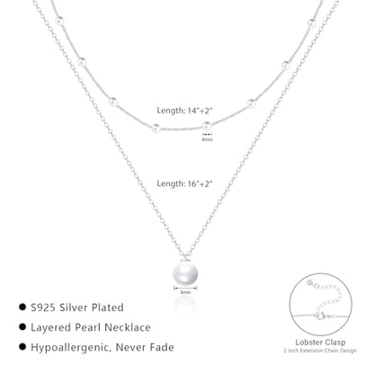 OGD Gold Pearl Necklace Set for Women 14K Plated Layered Daisy Choker Gift - color: Silver Pearl Necklace-2PCS