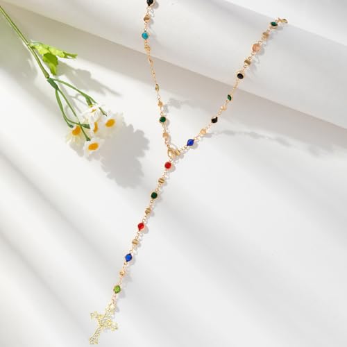 Colorful Crystal Long Necklace for Women Dainty Boho Y-Shaped Color Bead Necklaces Sparkly Rhinestone Pendant Layered Gold Long Chain Choker Good Luck Trend Jewelry Gift Jewelry - color: Cross Gold