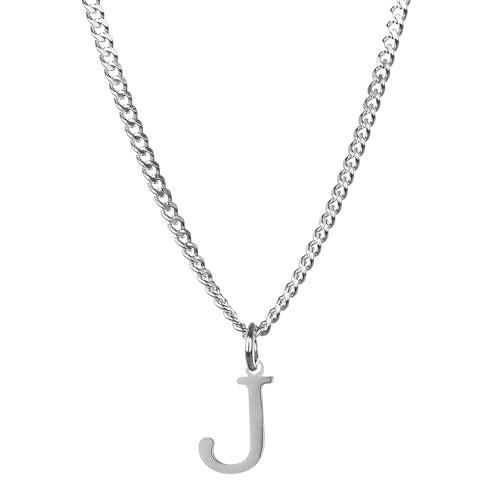 Men’s Minimal Initial Necklace, Stainless Steel Gold Silver Tone 26 Letters Pendant Necklace for Men Women 3.5mm Cuban Chain Waterproof - style: J