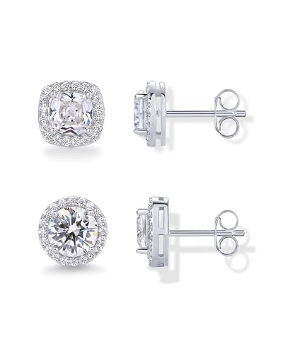 PAVOI 14K Gold Plated 925 Sterling Silver Post Brilliant Round Faux Diamond Halo Earrings - Premium Cubic Zirconia - style: Round & Cushion Set