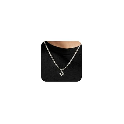 Silver Initial Necklace for Men Letter Pendant Cuban Link Chain | Stainless Steel 4mm 20 Inch Chain Non Tarnish Silver Plated A-Z Capital Name Charm Custom Personalized Jewelry Gift for Man - style: Silver:M