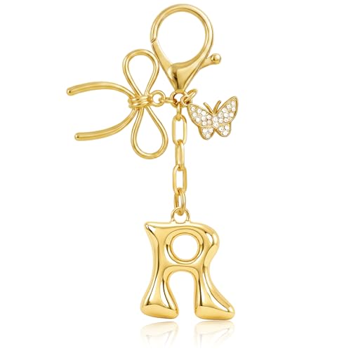 Gold Bubble Heart, Cherry, Bow & More Designs Letter Initial Keychain Bag Charms – Cute Purse Charms for Handbags - color: Bow & Butterfly, style: R