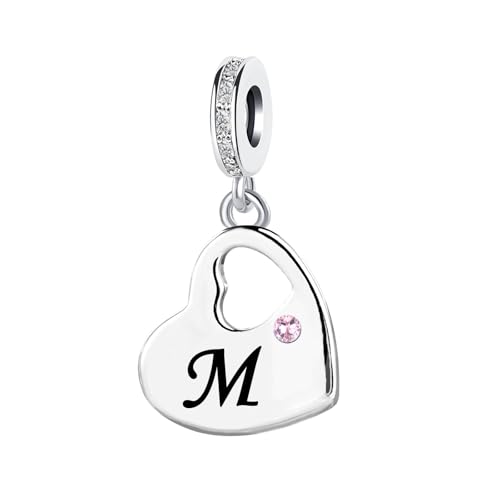 KunBead Initial A-Z Letter Pink Heart Alphabet Birthday Dangle Love Charms Compatible with Pandora Charm Bracelet for Auntie Friend Sister Mom Daughter Nana Granddaughter Wife - style: Letter M
