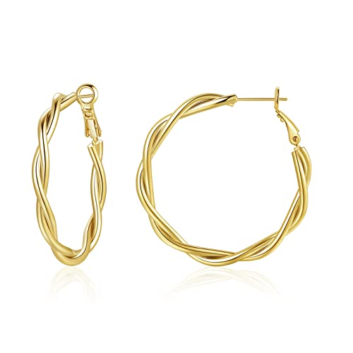 Hoop Earrings for Women, 14K Gold Sterling Silver Chunky Twisted Hoops Earring Hypoallergenic Ear Jewelry - color: Gold-38mm