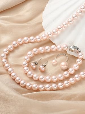 Pearl Jewelry Set for Women, Complete Set Includes Necklace, Bracelet, Earrings - Fashion Pearl Jewelry with Box for Wife, Mom, Sister, Bride, Bridesmaid - style: Pink Pearl Jewelry_4 Set