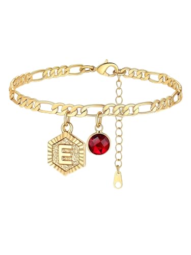 Custom4U Personalized Initial Ankle Bracelets for Women 14K Gold Plated Dainty CZ Birthstone Hexagon Letter Initial Anklets for Women Adjustable Silver/Gold Foot Chain Summer Beach Jewelry Gifts - color: Gold Hexagon-E