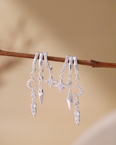 Gold Dangle Earrings for Women, 14k Gold Plated Stacked Triple Hoop Illusion Earrings Cubic Zirconia Huggie Earrings for Women Trendy - color: Star and Moon Silver Earrings