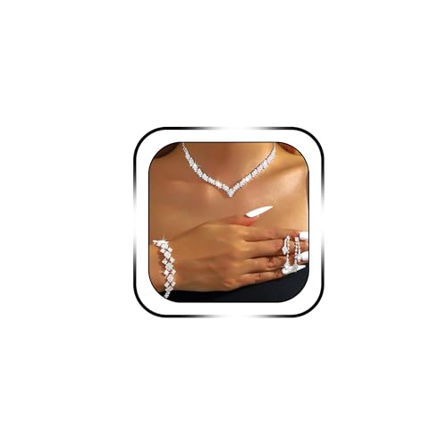 Rhinestone Jewelry Set Crystal Pearl Necklace Bracelet Earrings | Sparkly Necklace Dangle Earrings,Wedding Prom Formal Costume Jewelry Sets for Women - color: Silver2
