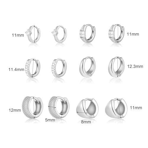 Wgoud Small Gold Hoop Earrings Set for Women, 6 Pairs 14K Gold Plated Hypoallergenic Lightweight Huggie Hoops Earrings, Trendy Cartilage Cubic Zirconia Earrings for Women Gifts. - color: F-Silver hoops