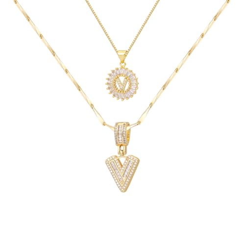 2PCS Initial Necklaces for Women, 14K Gold Plated Letter Pendant Set | Trendy Layered Bling Style, Meaningful Letter & Round CZ Pendant Design - color: Gold, style: Letter V