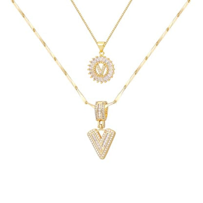 2PCS Initial Necklaces for Women, 14K Gold Plated Letter Pendant Set | Trendy Layered Bling Style, Meaningful Letter & Round CZ Pendant Design - color: Gold, style: Letter V