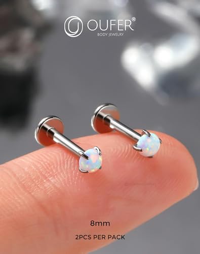 OUFER 2PCS 16G/20G Nose Lip Studs, G23 Solid Titanium Threadless Push in Nose Nostril Lip Labret Medusa Monroe Helix Cartilage Tragus Conch Lobe Piercing Jewelry for Women Men - color: Silver bar, Claw Opal, size: 2pcs, 16g 8mm, 4mm Opal