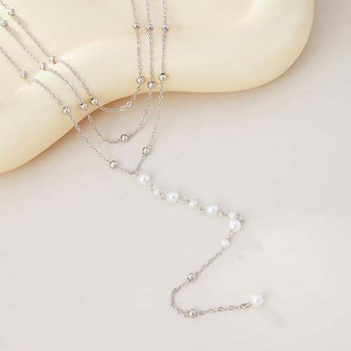 Trendy Gold Layered Small Beaded Pearl Long Tassel Lariat Y Necklaces for Women, Dainty Beads Pearls Drop Necklace Statement Charm Party Jewelry Gift - color: Silver