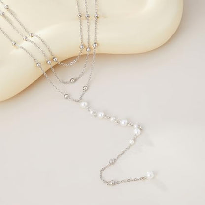 Trendy Gold Layered Small Beaded Pearl Long Tassel Lariat Y Necklaces for Women, Dainty Beads Pearls Drop Necklace Statement Charm Party Jewelry Gift - color: Silver