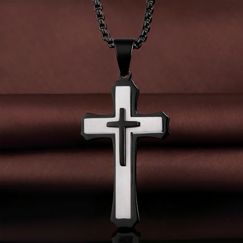 Men's Cross Necklace 316L Stainless Steel Large Heavy Cross Pendant for Men Polished Jewelry Rolo Chain with 22'' 24'' 26'' - color: F-Black and White, size: 22 inch