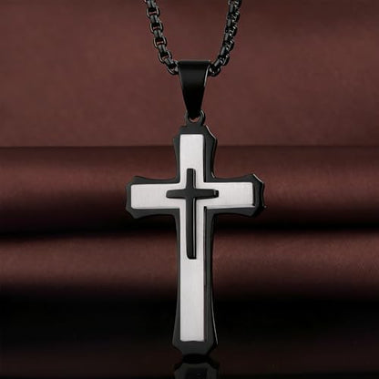 Men's Cross Necklace 316L Stainless Steel Large Heavy Cross Pendant for Men Polished Jewelry Rolo Chain with 22'' 24'' 26'' - color: F-Black and White, size: 22 inch