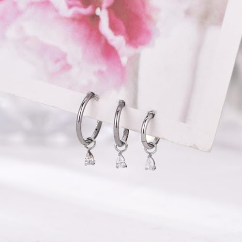 Ourania 16G Gold Stainless Steel Zircon Dangle Huggie Hoop Rook Piercing Helix Hoop Earring Tragus Hoop Cartilage Piercing for Women - color: Triangle Silver 2PCS, size: 1.2*8mm 2pcs