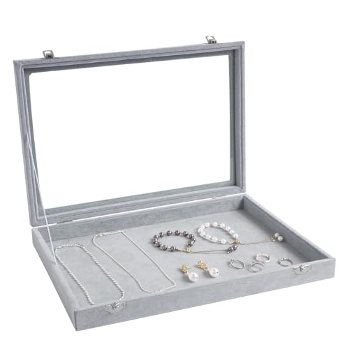 Wudygirl Velvet Jewelry Organizer Tray with Lid, 13.7x9.4 Inch Gray | Empty Jewelry Organizer, Perfect for Home Organization, Jewelry Display, Gift Giving, Dustproof Design - color: Gray, size: Empty