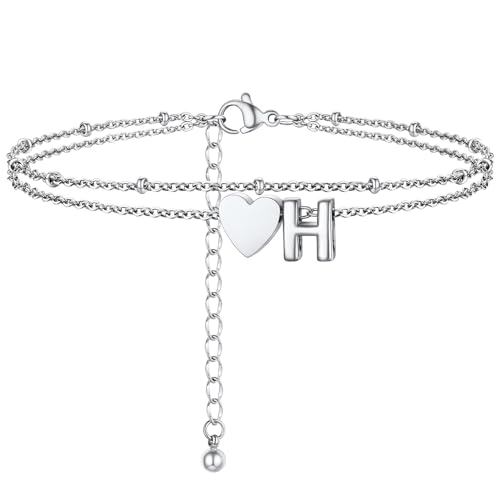 Initial Ankle Bracelets for Women, Dainty Stainless Steel Letter A-Z Layered Anklets, Heart Ankle Bracelet 8.5"-10.5" Adjustable, Summer Beach Jewelry, Come with Box - color: Silver, size: H