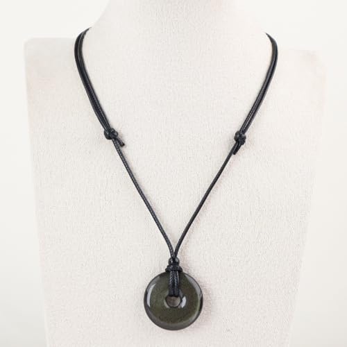 FANASY Natural Gemstone Pendant Necklce Lucky Coin Crystal Necklace Protection Donut Pendnat with Adjustable Rope for Men Women - color: Gold Sheen Obsidian