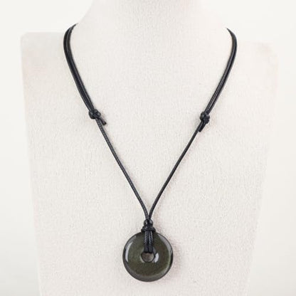 FANASY Natural Gemstone Pendant Necklce Lucky Coin Crystal Necklace Protection Donut Pendnat with Adjustable Rope for Men Women - color: Gold Sheen Obsidian