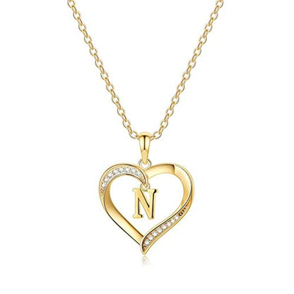 Yesteel Heart Initial Necklaces for Women, 14K Gold Plated Cubic Zirconia Heart Pendant Necklace, Dainty Initial Charm Necklace Letter A to Z Jewelry for Women Girls - style: N