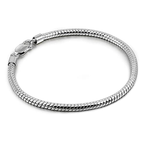 Dankadi Italy Smooth 3MM 4MM Round Snake Chain Bracelet Solid 925 Sterling Silver Men Women 6.3" 6.7" 7" 7.5" 8" 8.5" 9" 9.5" Bangle Charm Jewelry Gift - color: 3MM, size: 9 inches