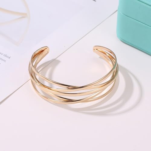 Multi-layer Cuff Bracelet for Women Gold Silver Chunky Cross Wire Bangle Bracelet Wide Adjustable Open Bracelet Trendy Statement Outfits Accessories - color: Gold