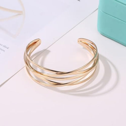 Multi-layer Cuff Bracelet for Women Gold Silver Chunky Cross Wire Bangle Bracelet Wide Adjustable Open Bracelet Trendy Statement Outfits Accessories - color: Gold