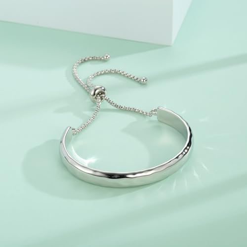 14K Gold Bracelets for Women Adjustable Slider Bracelet Bangle Bracelets for Women Trendy Chain Bracelet - color: Silver Hammered