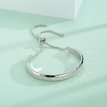 14K Gold Bracelets for Women Adjustable Slider Bracelet Bangle Bracelets for Women Trendy Chain Bracelet - color: Silver Hammered
