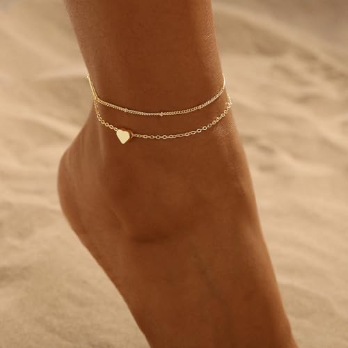 ASCOMY Ankle Bracelets for Women 14K Gold/Silver Plated Anklets for Women Waterproof Layered Cute Beads Dot Shining Twist Rope Chain Pearl Bar Link Heart Anklets Summer Beach Foot Chain Jewelry Gifts - style: Anklet A