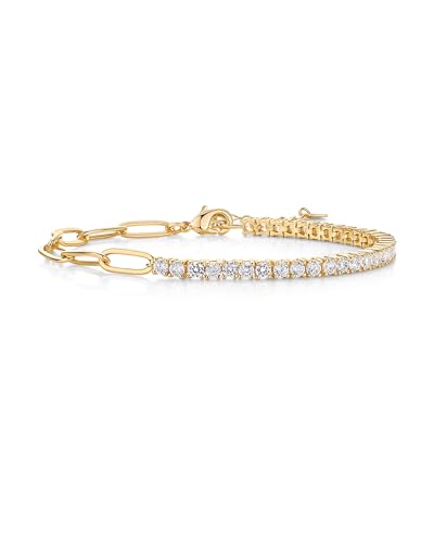 PAVOI 14K Gold Plated Paperclip Tennis Bracelets for Women - Link Chain Gold Bracelet for Women with Cubic Zirconia - Adjustable Trendy Bridal Jewelry - color: Yellow Gold