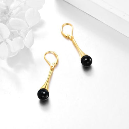Sterling Silver Black Onyx Earrings for Women 18K Yellow Gold Plated Jewelry Gifts - style: Dangle with Ball Bead