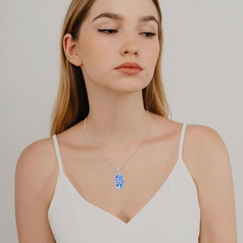 Hamsa Necklace 925 Sterling Silver Evil Eye/Lotus Flower/Star of David/Chai/Yin Yang Hamsa Hand Pendant Jewelry Hand of Fatima Gifts for Women - style: Star of David-Blue Opal