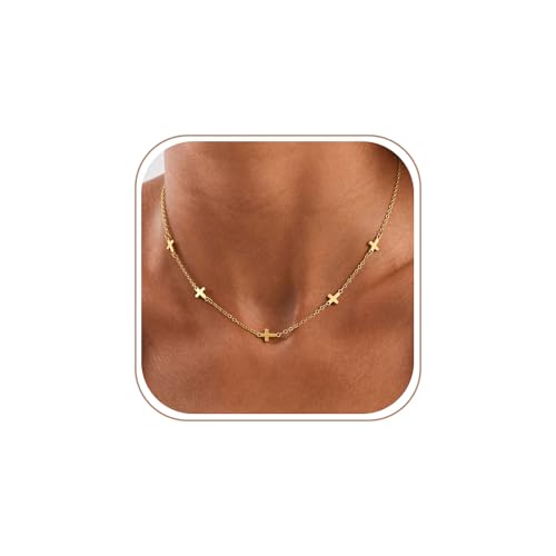 Cross Necklace for Women Dainty Small Cross Pendant Choker 14K Gold Plated Simple Trendy Cute Cross Charm Chain Necklace Easter Baptism Religious Faith Jewelry Gift - color: Five Cross-GD